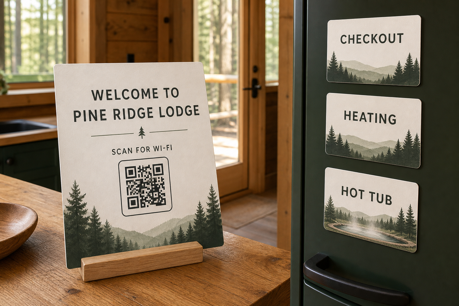 Woodland concept with a Pine Ridge Lodge welcome board and matching checkout, heating and hot tub magnets