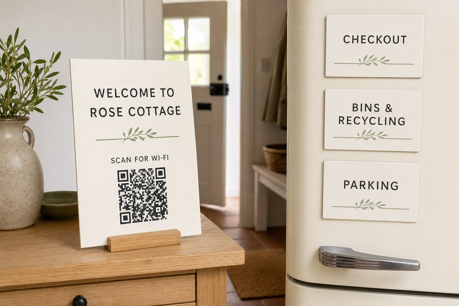 Concept showing a personalised Rose Cottage welcome board beside three matching information magnets