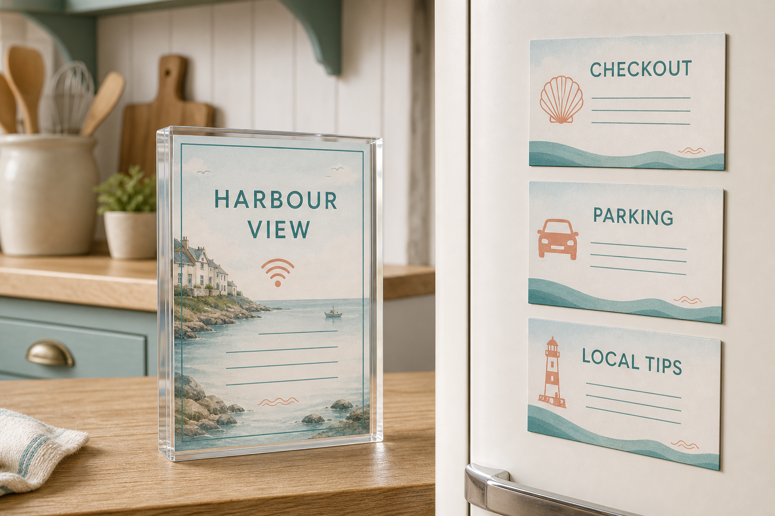Coastal style showing a Harbour View acrylic welcome block and matching checkout, parking and local tips magnets