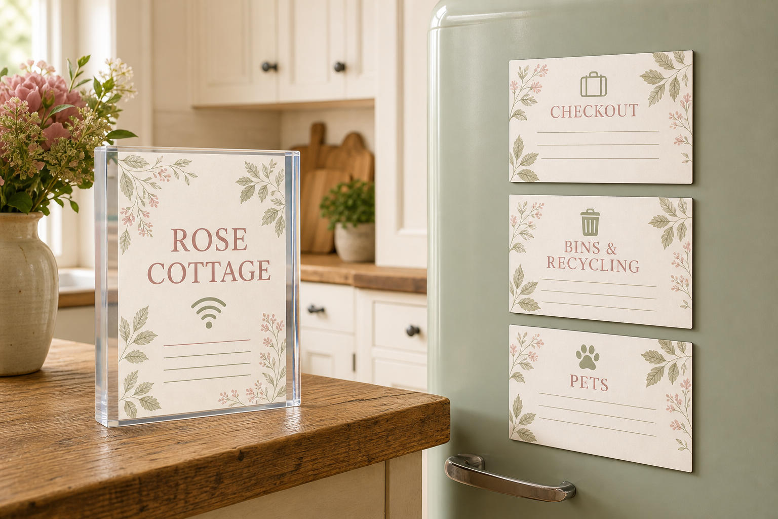 Product mock-up showing a personalised Rose Cottage acrylic welcome block beside three matching information magnets
