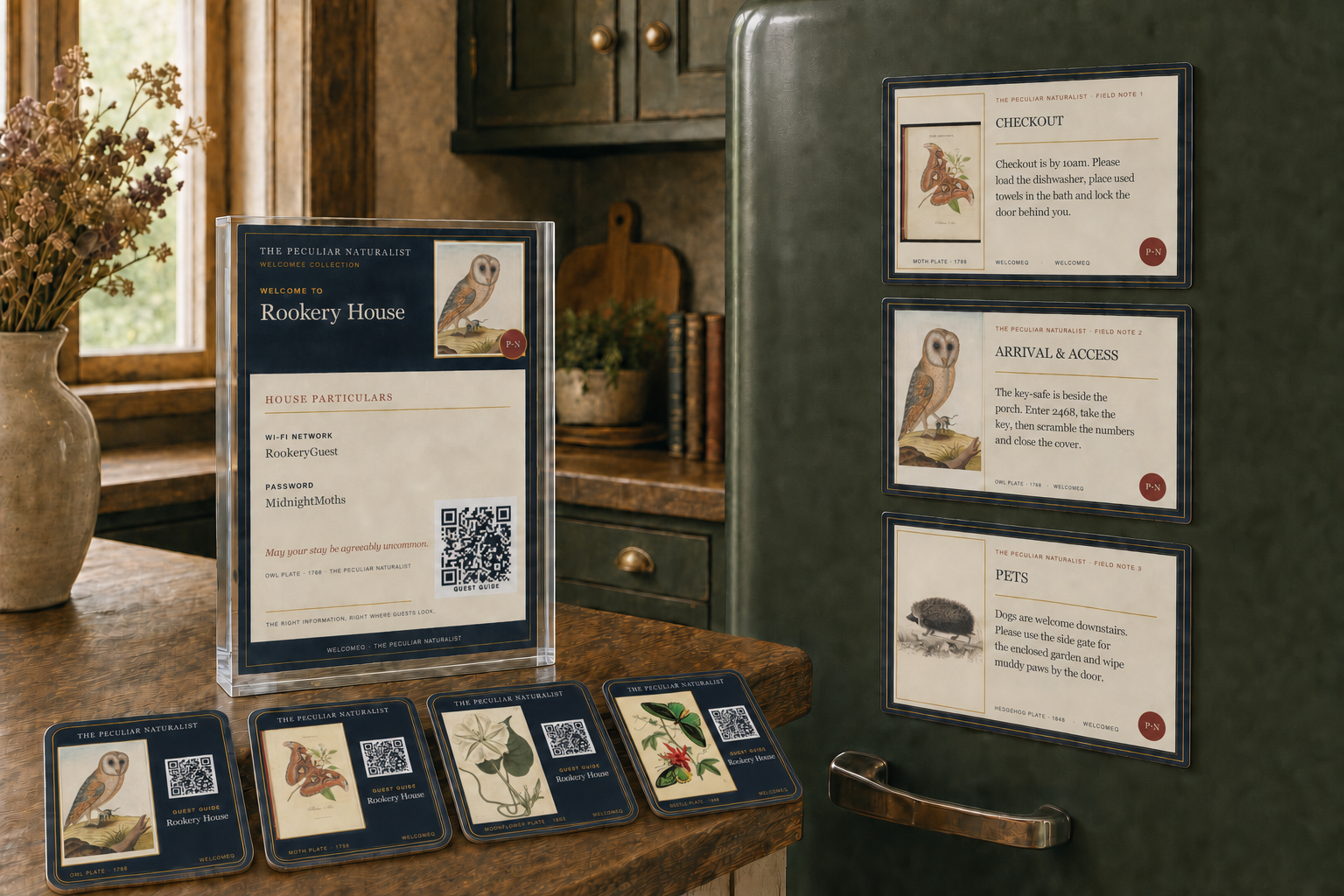 The Peculiar Naturalist Collection showing a Rookery House acrylic welcome block, three distinct archive-art magnets and four full-illustration QR coasters