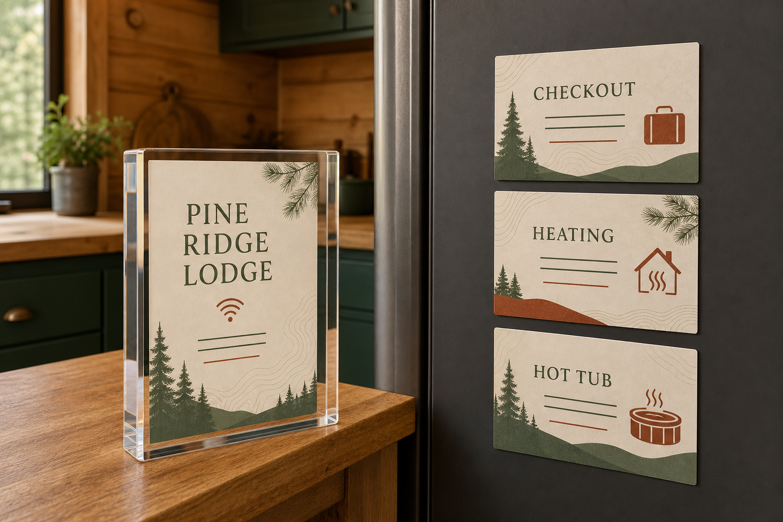 Woodland style showing a Pine Ridge Lodge acrylic welcome block and matching checkout, heating and hot tub magnets